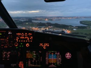 Aircraft coming into Santander, showing marina Cantabrico to right of runway and City beyond.